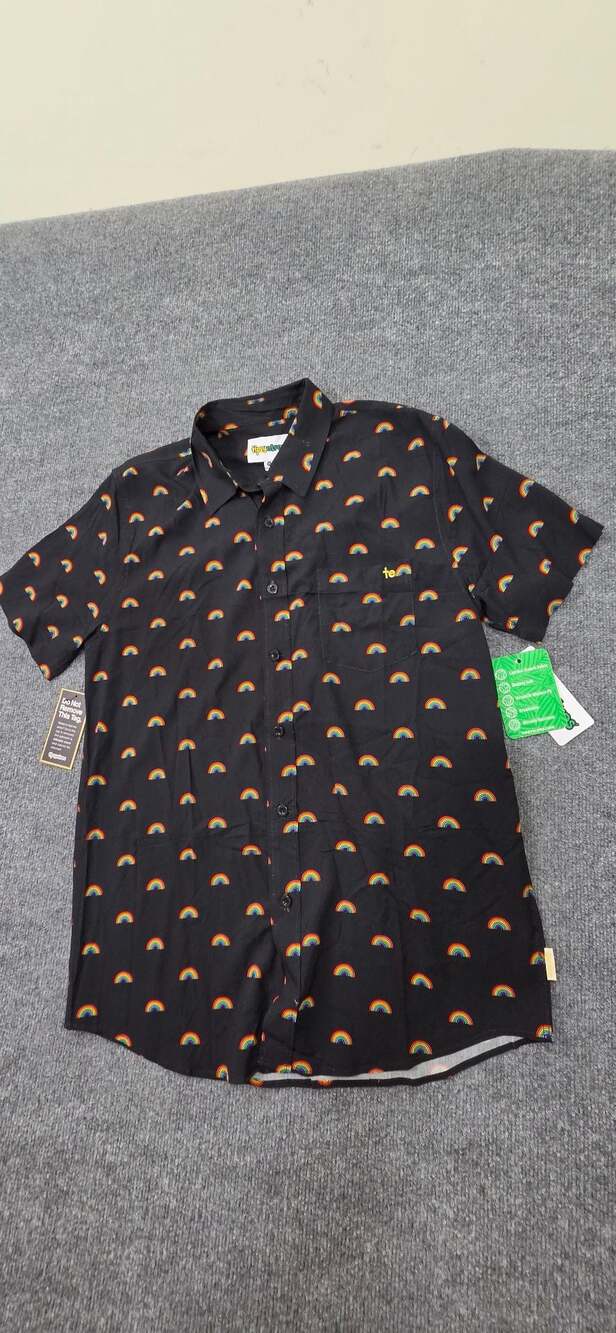 Tipsy Elves Men's Black Rainbow All-Over Print Button Down Shirt with Bottle Ope